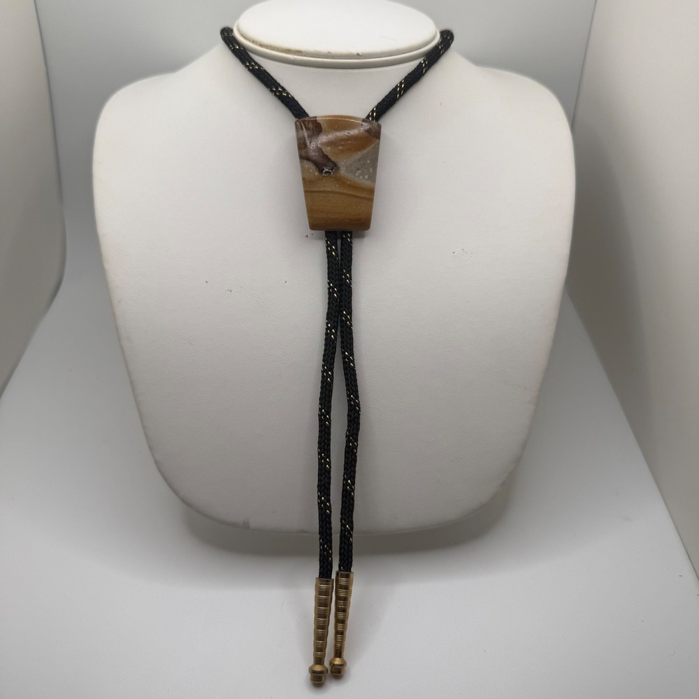 Vintage Polished Stone Bolo Tie Black Gold Braided Cord Southwestern Western